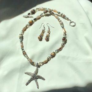 Necklace and earring set w starfish pendant. Amazonite and shell beads.